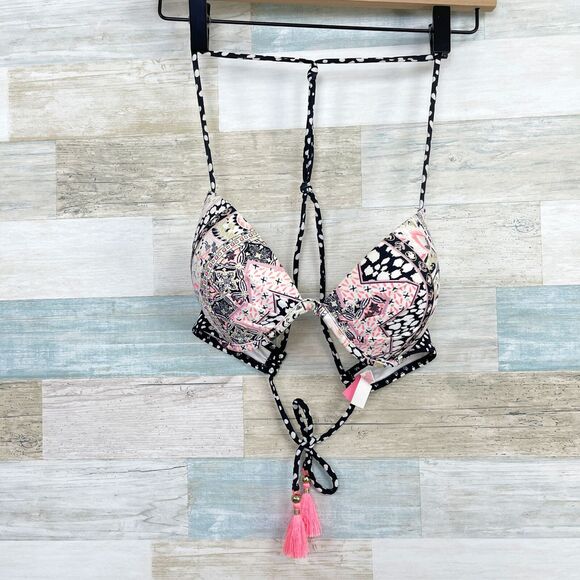 Victorias Secret Swim The Fabulous Strappy Tassel Bikini Bra Black Pink 34C - Picture 1 of 7